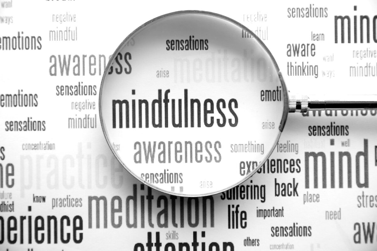A magnifying glass over the words ‘mindfulness’ and ‘awareness,’ highlighting themes of attention and presence.