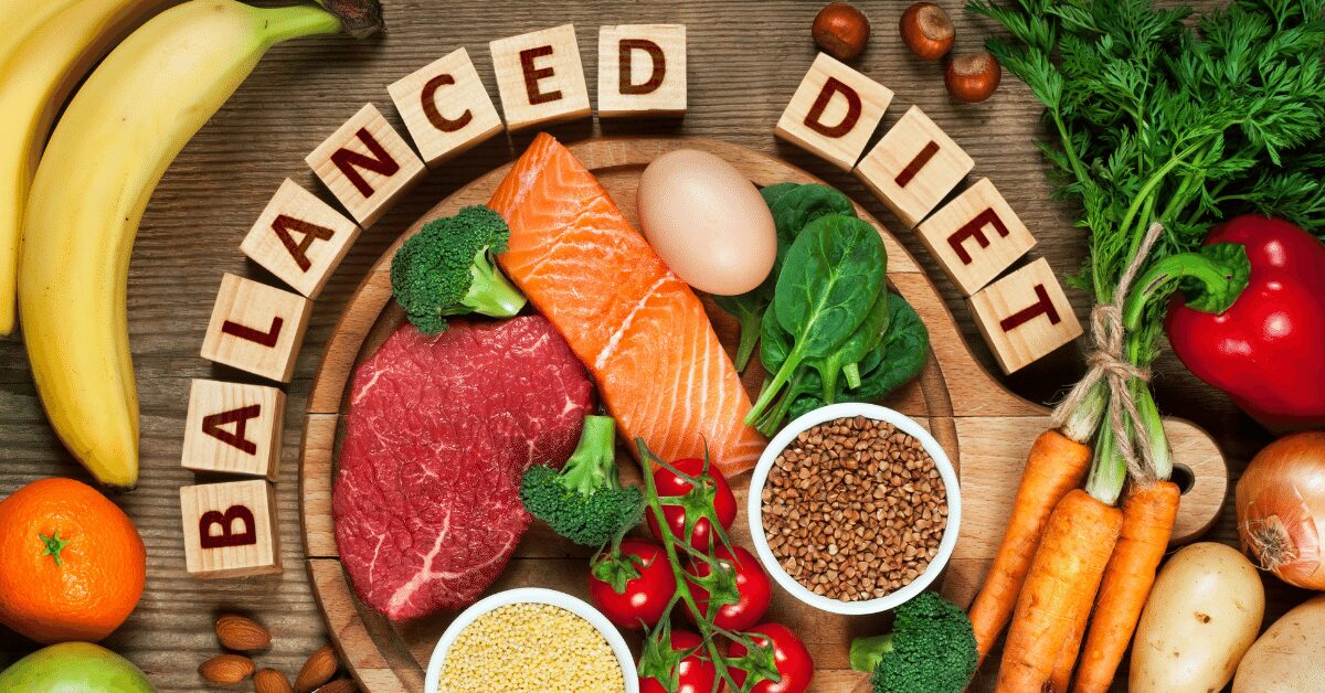 A top-down view of a balanced meal board with salmon, beef, eggs, grains, fruits, and vegetables arranged around the words ‘balanced diet.