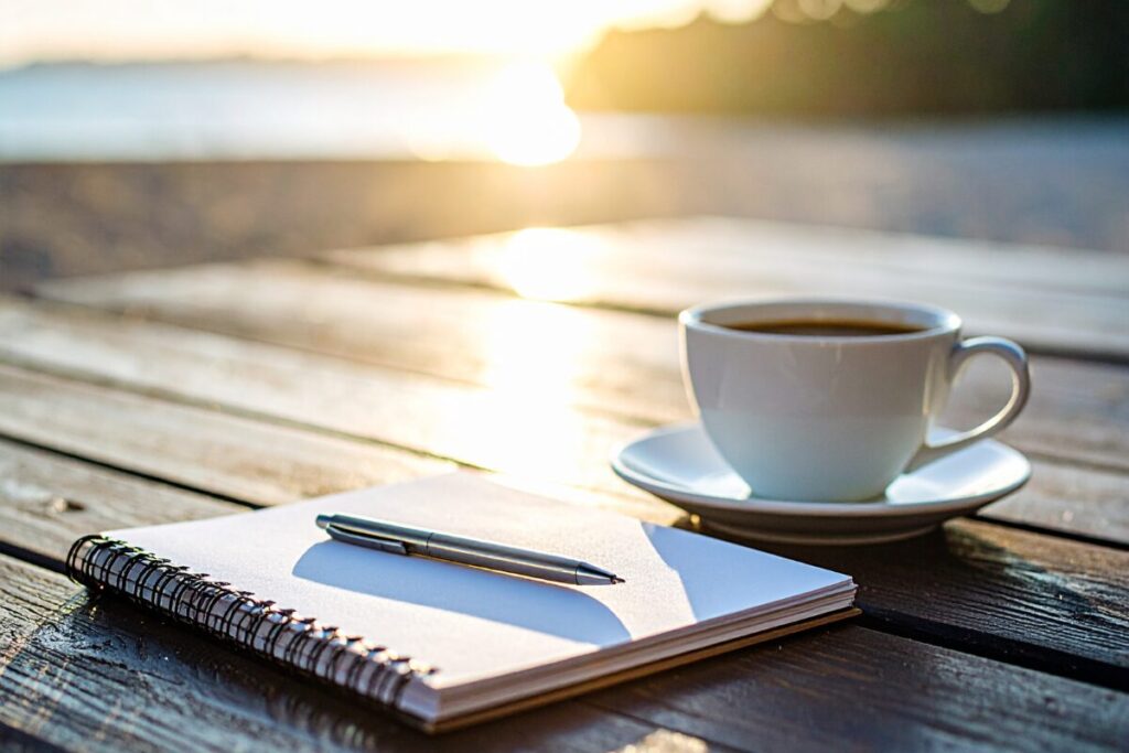 A cup of coffee beside a notebook near calm water in soft morning light