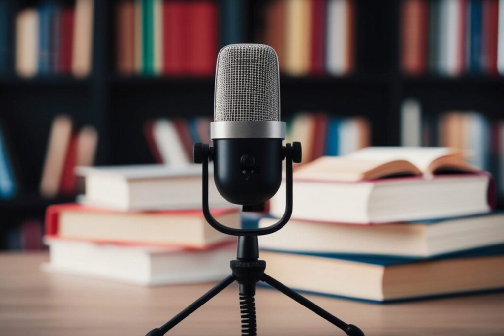 A podcast microphone set in front of stacked books, symbolizing conversations and storytelling