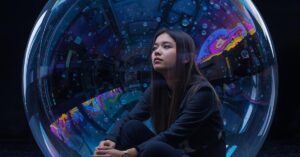 A thoughtful woman sitting inside a transparent bubble, surrounded by abstract lights, visually representing how to get unstuck in life when playing it safe feels confining.
