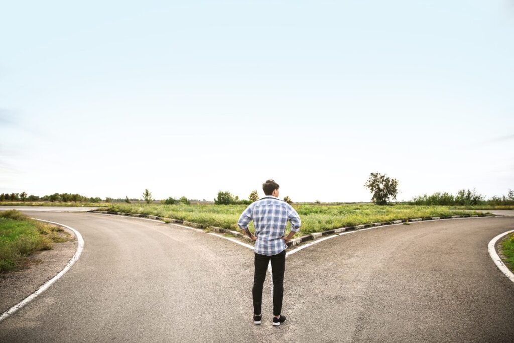 Person standing at a fork in the road with two paths leading in different directions