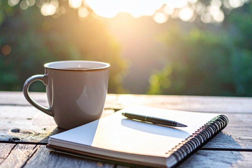 Coffee and notebook in morning sunlight representing a calm start to a simple morning routine.