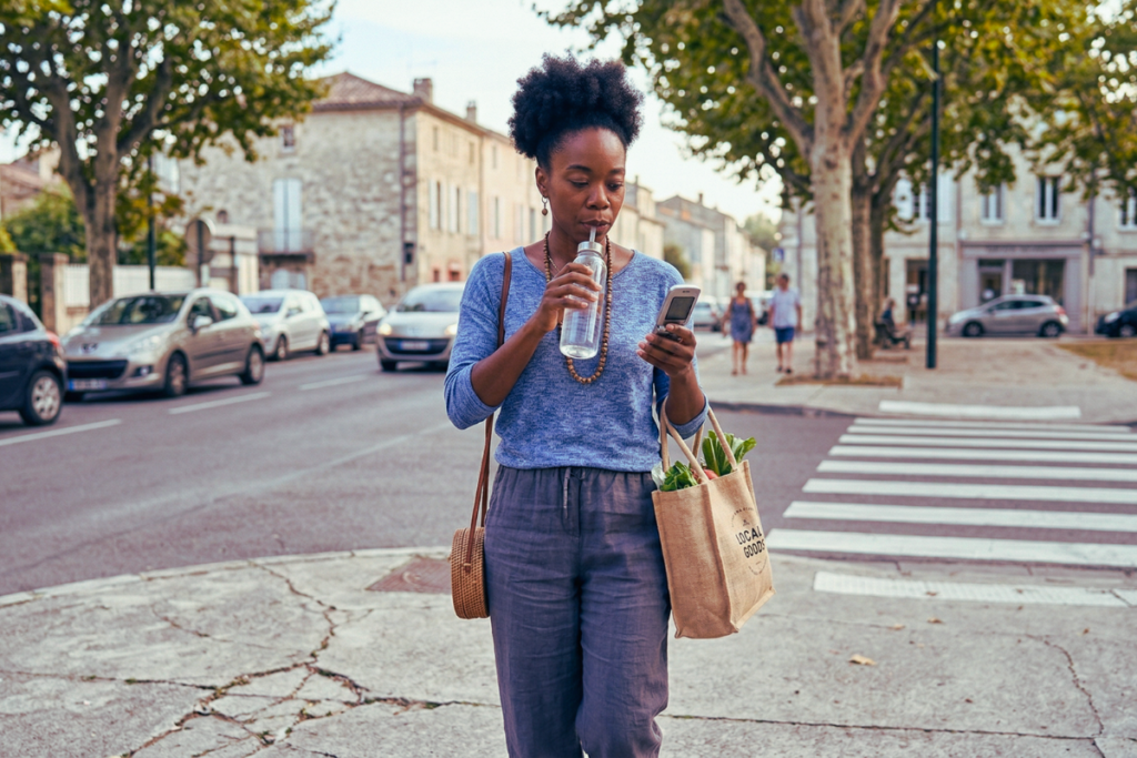 African American woman walking down a sunny street, sipping water and carrying a bag of fresh groceries