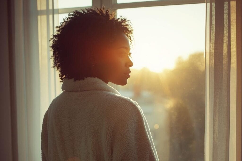 Woman standing by a window in soft morning sunlight, reflecting during a quiet moment of a simple morning routine.