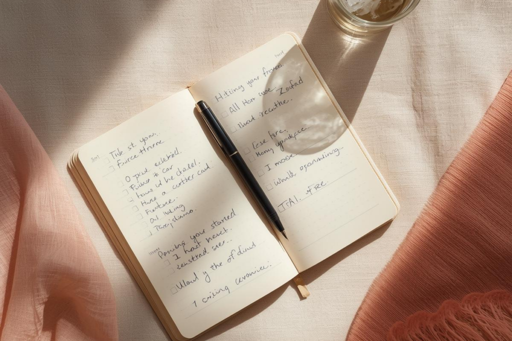 pen journal with handwritten lists and a pen resting across the pages, bathed in warm peach light on cream linen