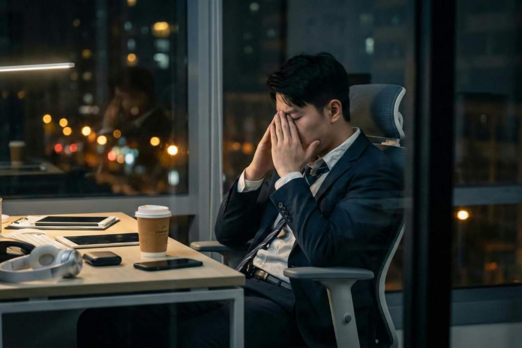 Man sitting at desk at night holding his face looking overwhelmed at work