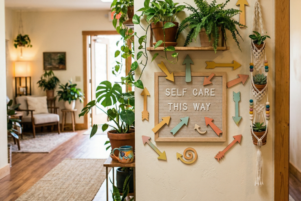 Home wall decor with arrows pointing different directions labeled self care this way